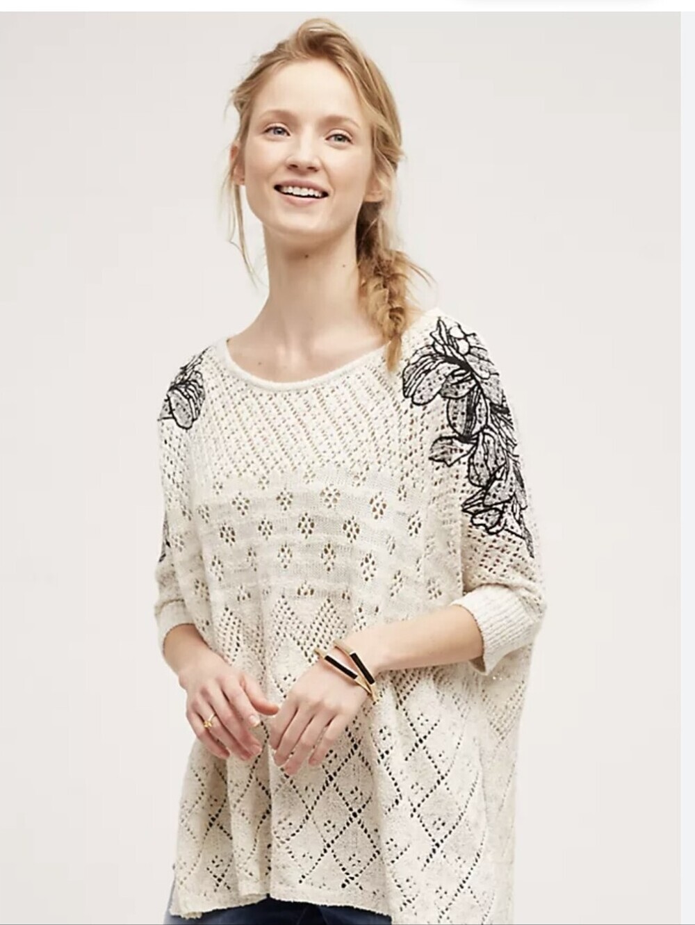 Anthropologie Knitted & Knotted Launa Embroidered Poncho Short Sweater Cream XS